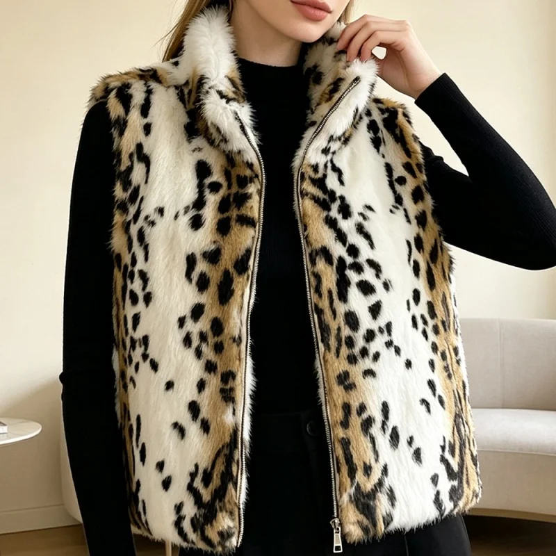 Winter New Women's Stand Collar Rabbit Fur Leather Vest High Quality Fashionable Warm Short Slimming Spot Pattern Backless Top