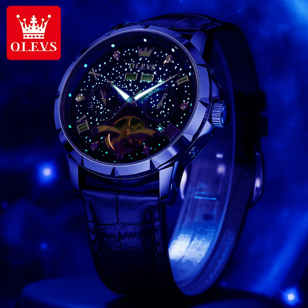 OLEVS 6690 Blue Starry Sky Watch Men Skeleton Waterproof Multi functional Chronograph Luxury Brand Automatic Mechanical Watch