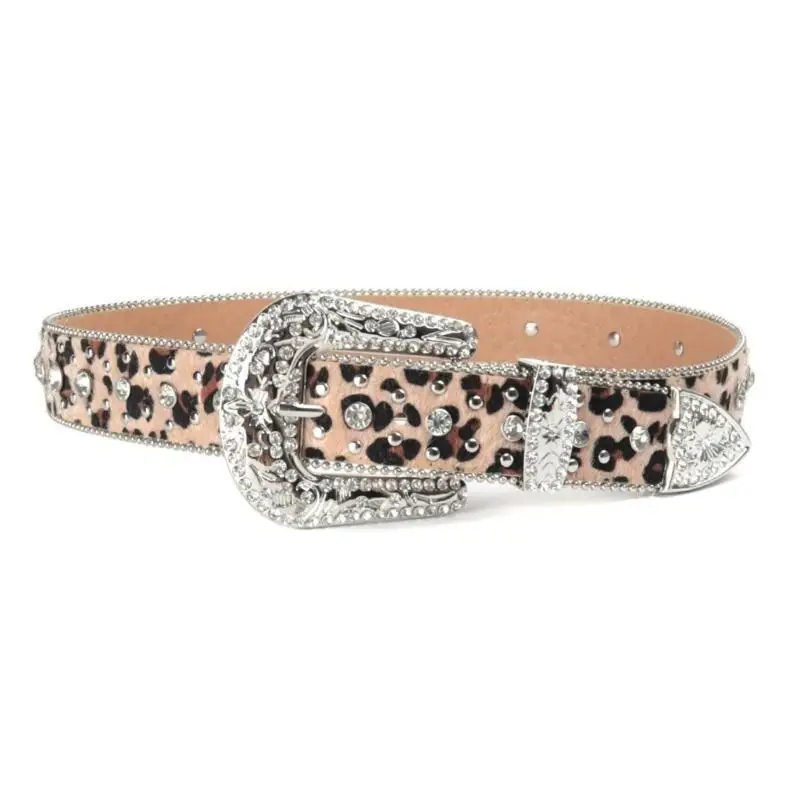 39BB Cinturón con estampado leopardo y hebilla diamantes imitación para fiesta disco para niña