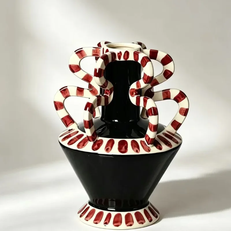 Artistic Resin Hand Painted Vase With Handle Vintage Home Tabletop Decorative Flower Pot For Living Room Entryway Ornament