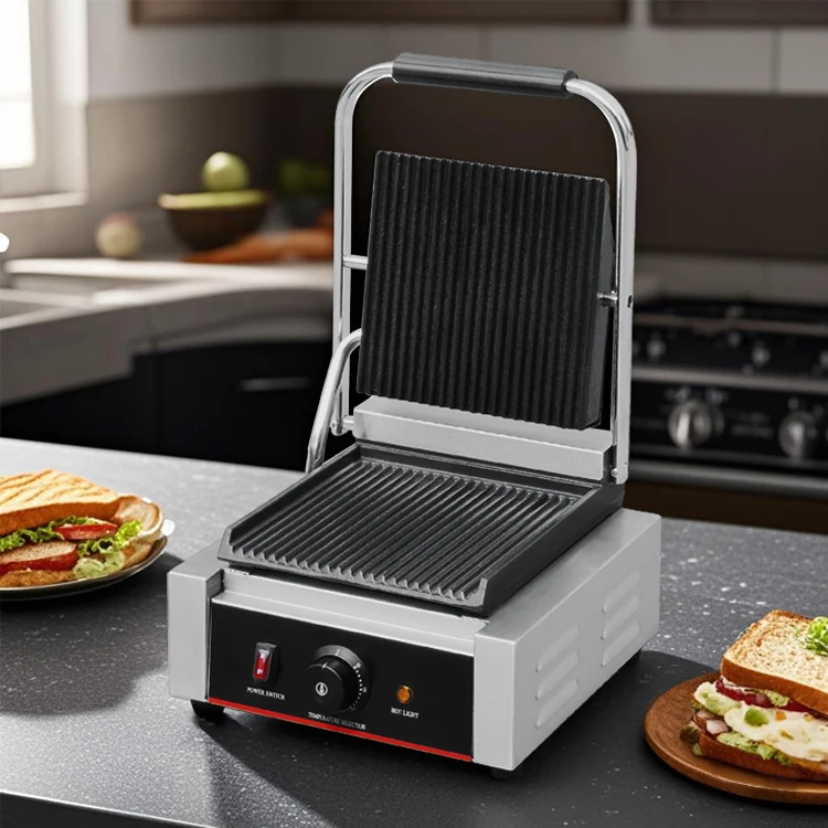 Industrial Double Panini Press Electric Commercial Grill Machine With Grooved Contact Grill For Outdoor Use