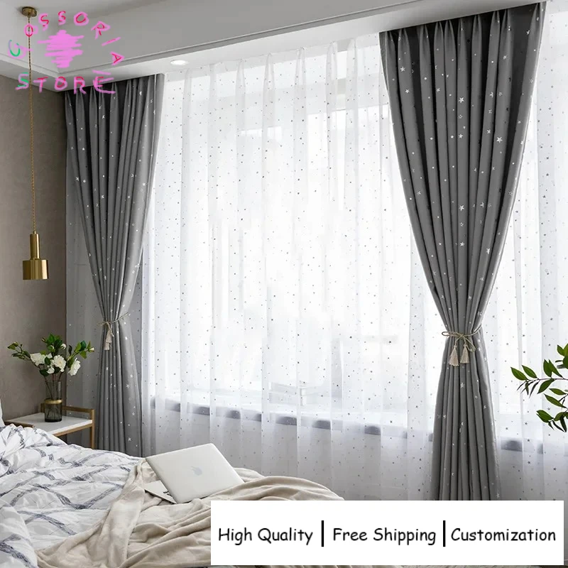

Sample Custom Cartoon Silver Star Blackout Grey Curtains for Childrens Bedroom Living Room Balcony Window White Tulle Drapes
