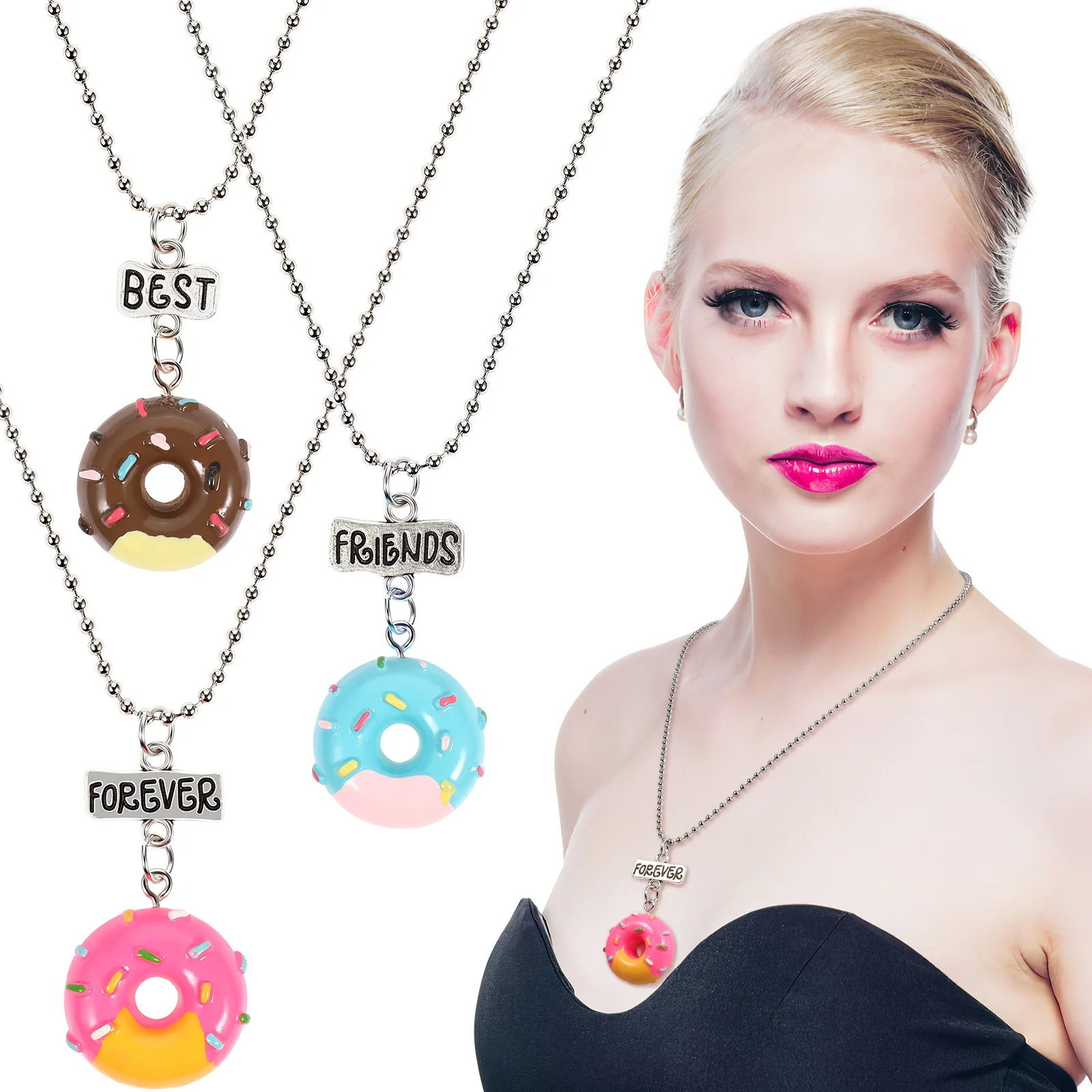 3 Pcs Jewelry for Girls Kids Necklace Gift Donut Good Friend Pendant Chain Child Boy