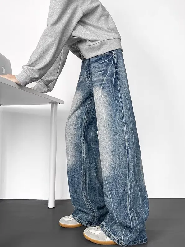 

Мужские джинсы в стиле ретро, свободные, прямого кроя, зимние, теплые, с низкой посадкой, на молнии, классический полосатый узор, повседневные, модные