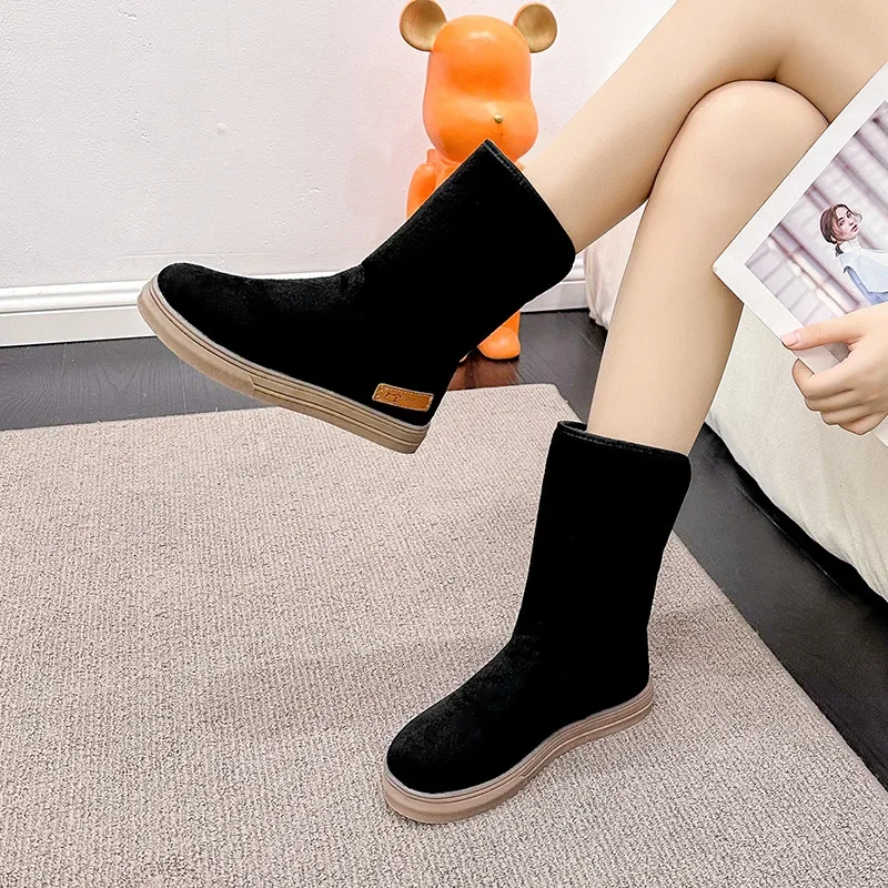 2024 New Shoes for Women Slip on Women\' Boots Winter Round Toe Solid Flock Plush Warm Comfortable Low-heeled Mid Calf Snow Boots