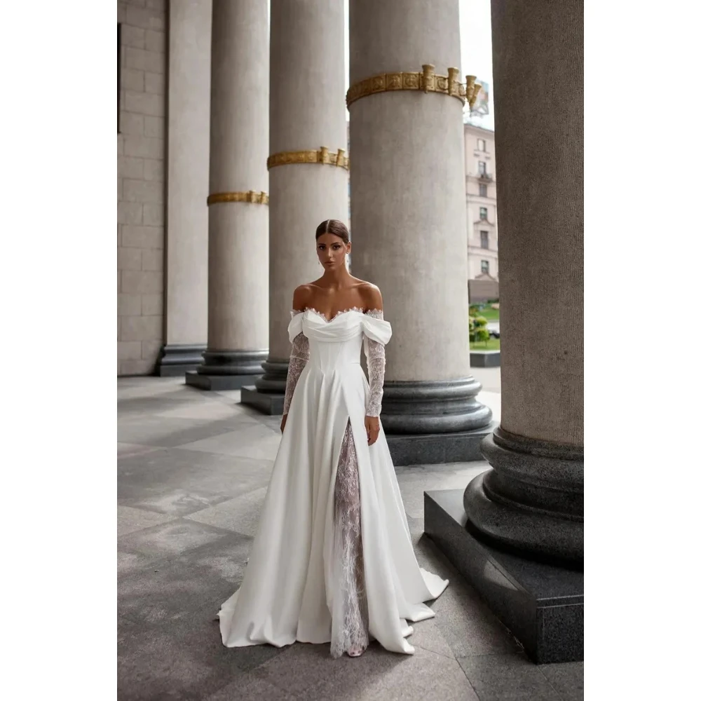 Schulterfreies Hochzeitskleid mit Herzausschnitt, Spitze, appliziert, lange Ärmel, Boho-Strand, A-Linie, Brautkleider, Vestido De Noival, individuell gestaltet