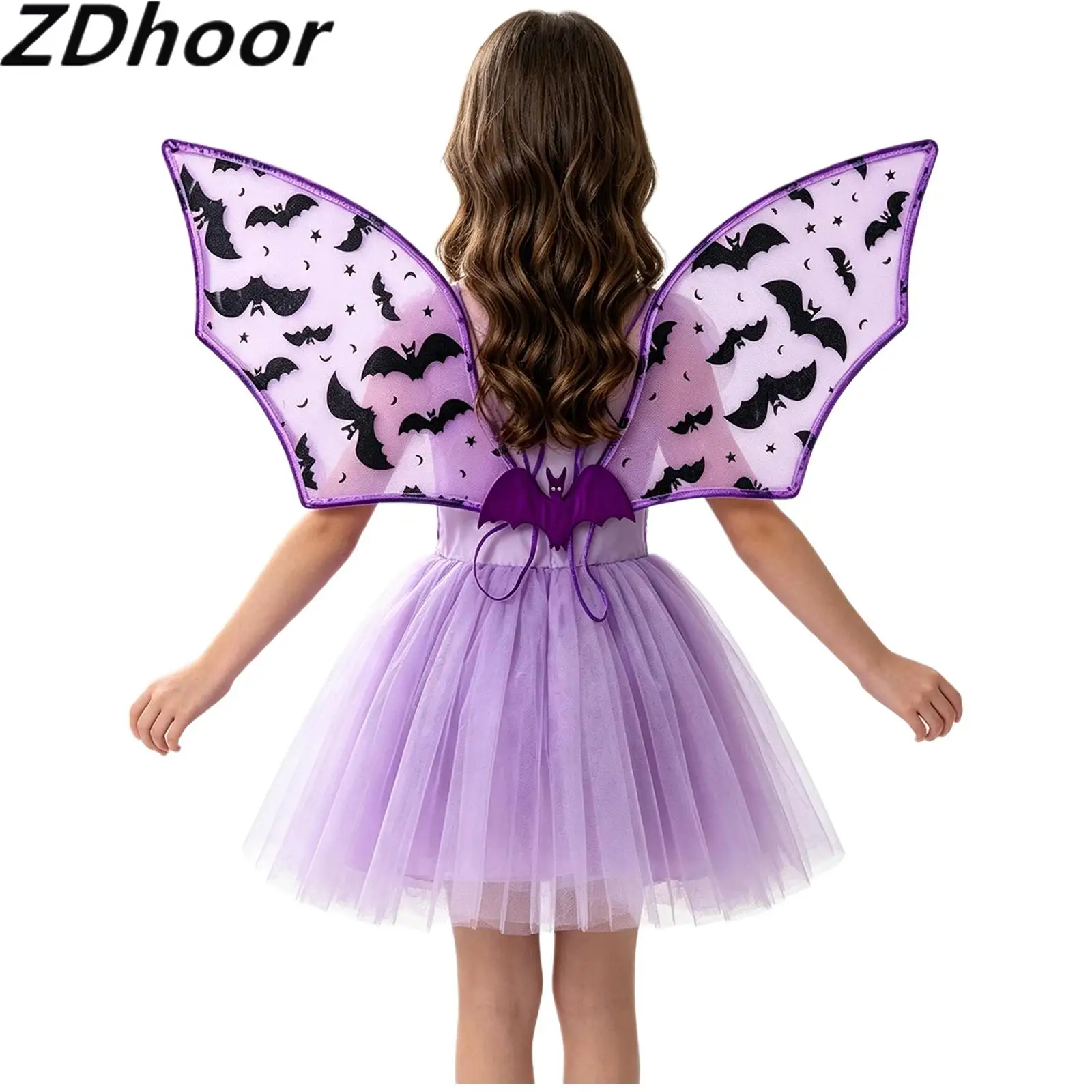 Kids Bat Pattern Devil Bat Wing Sheer Mesh Foldable Wing with Ribbon Tie Halloween Cosplay Accessory Party Props