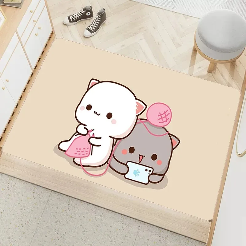 Cute peach mochi print entrance door mat non-slip absorbent bathroom cartoon rug home bedroom kawaii room decoration