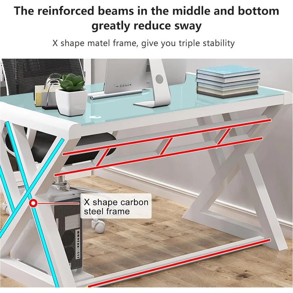유리 컴퓨터 책상, 탄소강 프레임과 유리 상판을 갖춘 현대적인 컴퓨터 책상, 홈 오피스 책상 컴퓨터 테이블 연구용