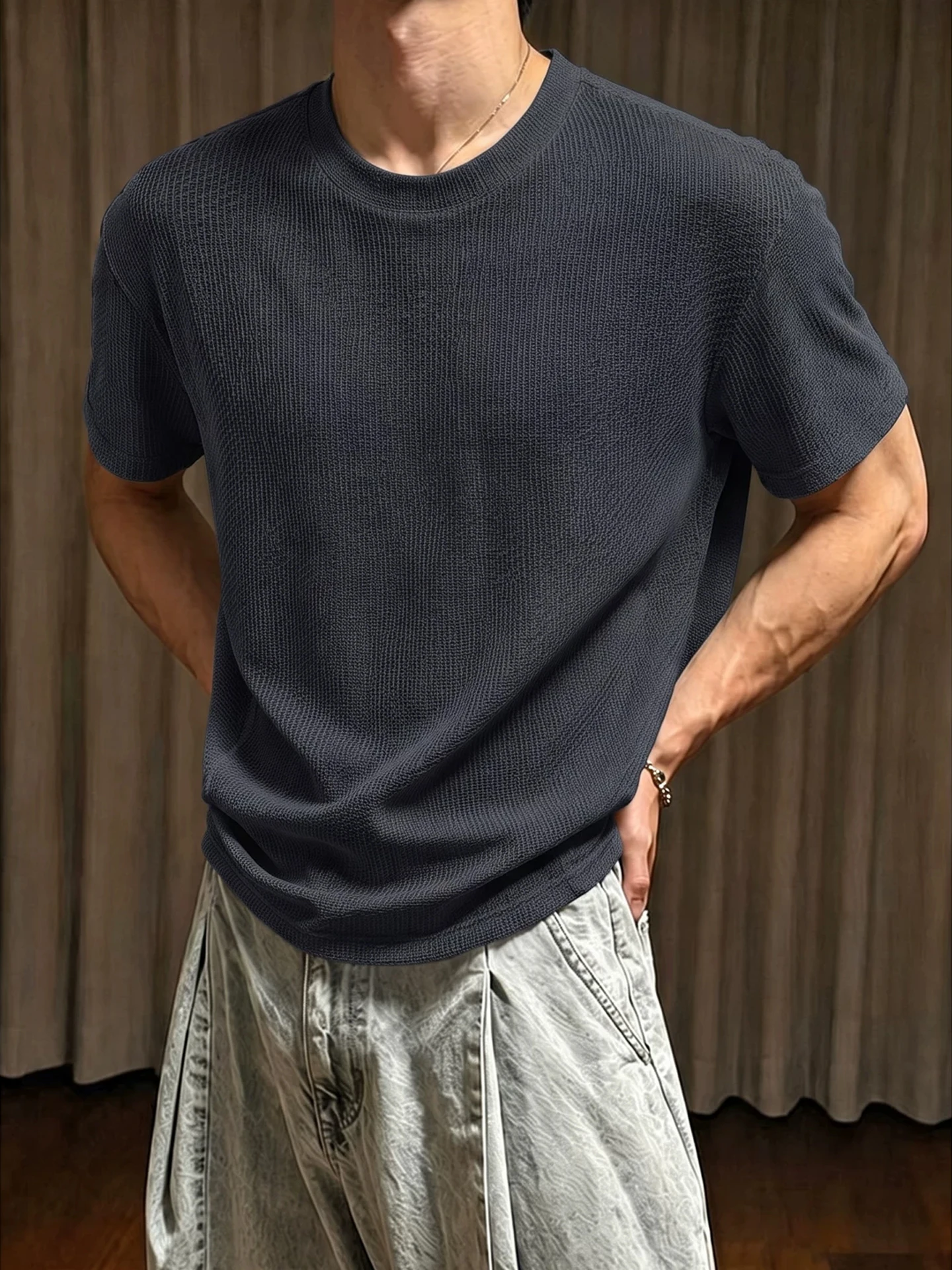 Men's Retro American Dragon Scale Texture Short Sleeve T-Shirt Breathable round Neck Summer Fashionable Casual Top