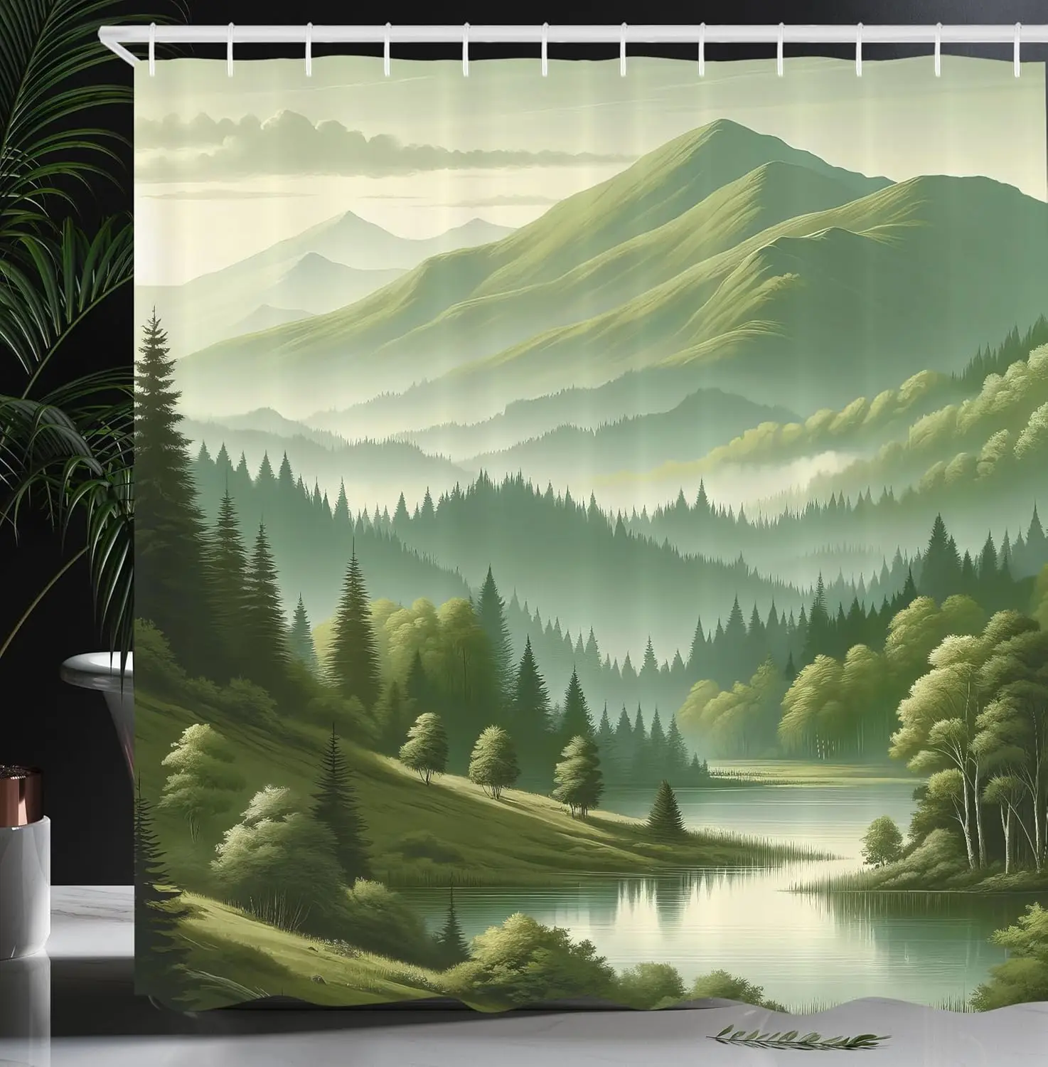 Serene Mountain View Shower Curtain Featuring Forest Lake And Rolling Hills Peaceful Scene Water Resistant Material Elegant Home