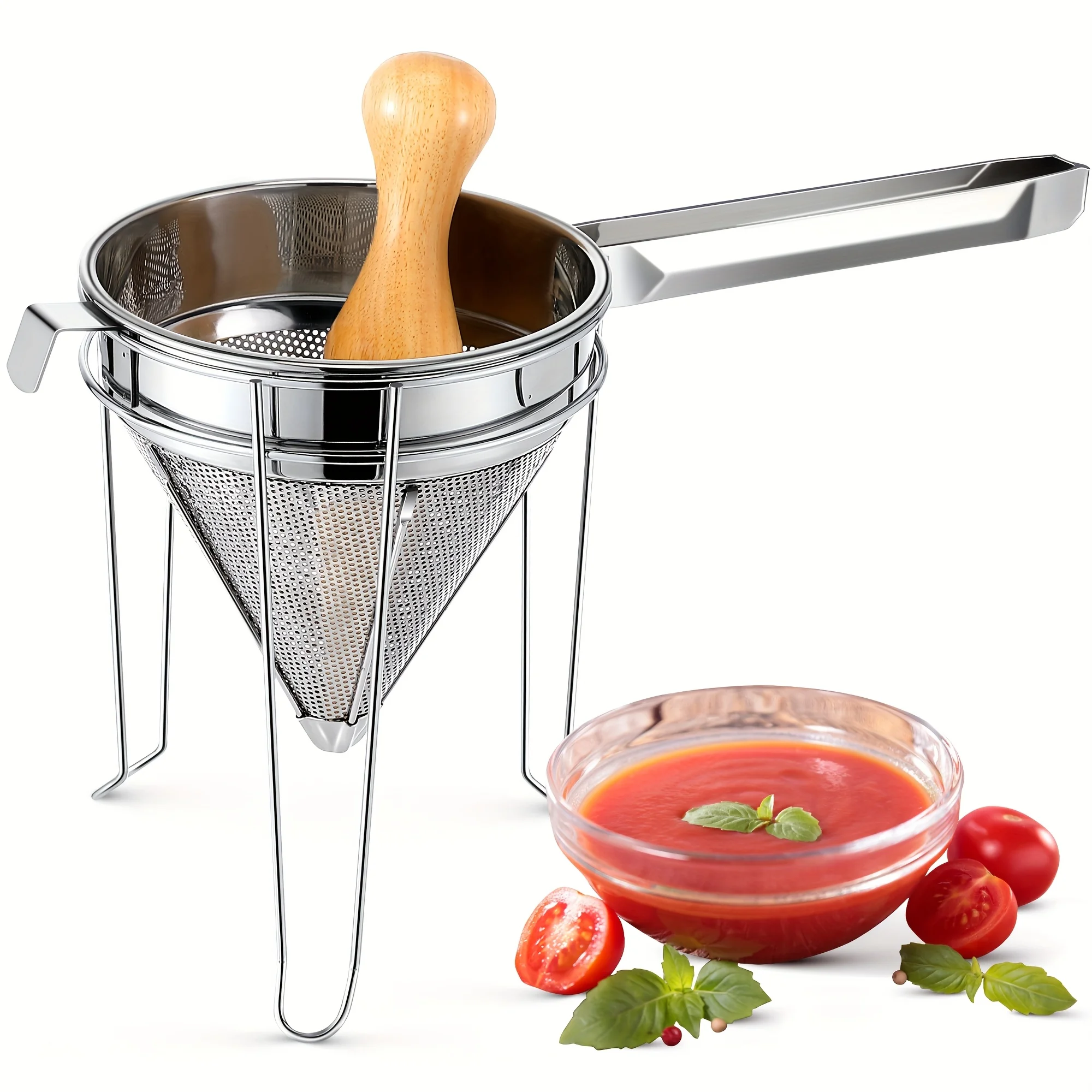 

Stainless Steel Chinois Strainer with Stand And Wooden Pestle Set, China Cap Strainer for Tomato, Berry, Fruit, Egg, Soup And Other Canning Jam Making Supplies, 15.35 X 7.67 X 7.28 Inch