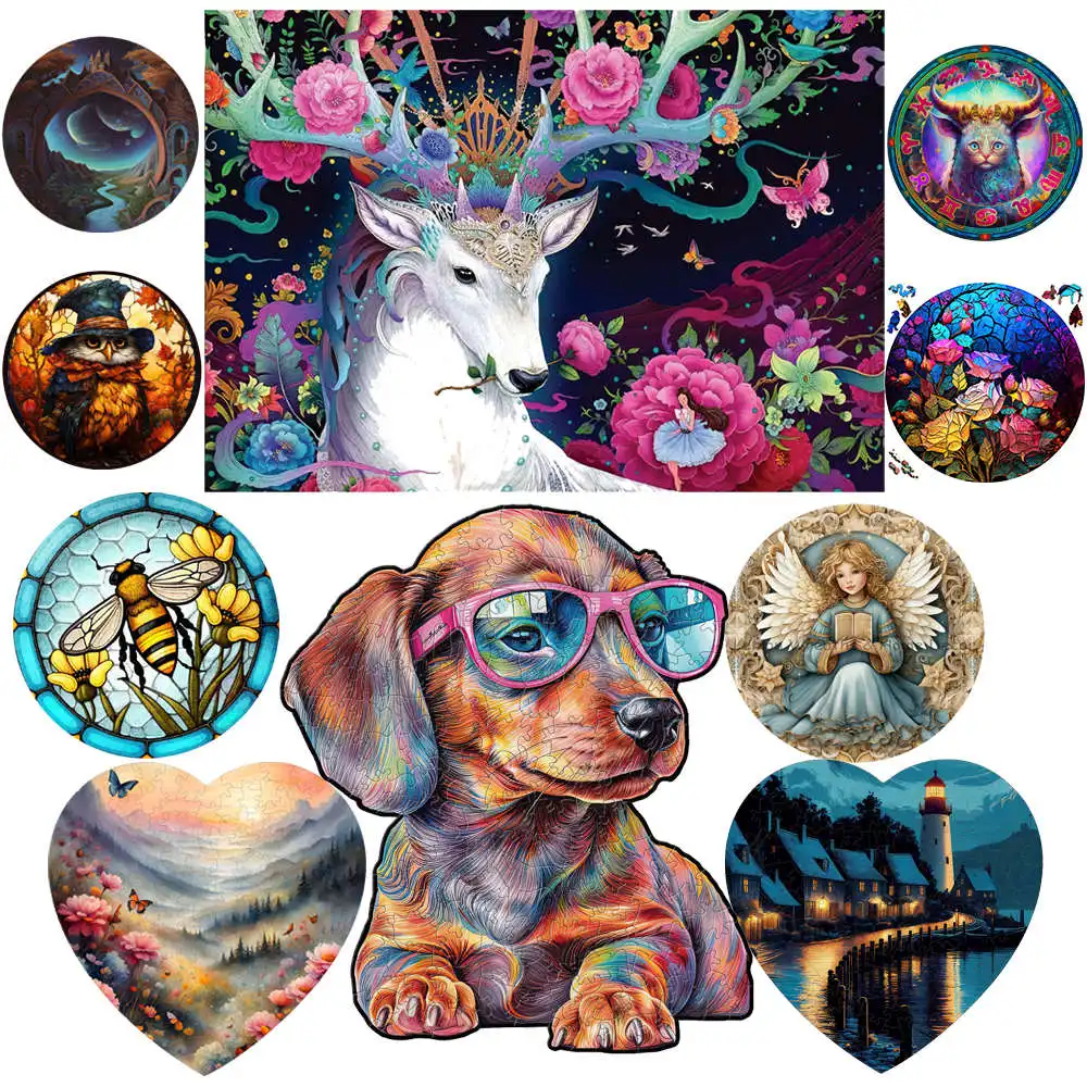 

A Dog with Glasses Wooden Puzzle Unique Shape Animal Jigsaws Brain Twister Toys Unique Shape DIY Intelligent Board Games