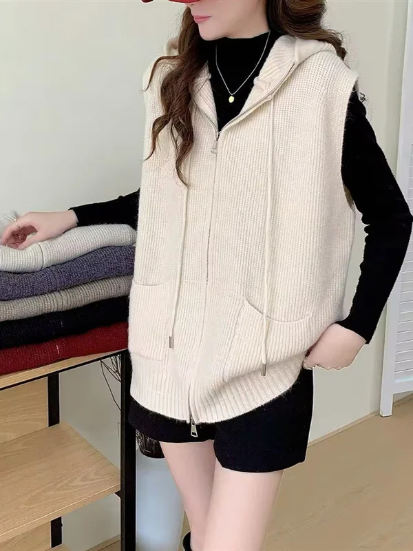 Women's Open Cardigan Knitted Loose Sweater Vest Drawstring Sleeveless Hooded Zipper Autumn Winter New Style Casual Fashion