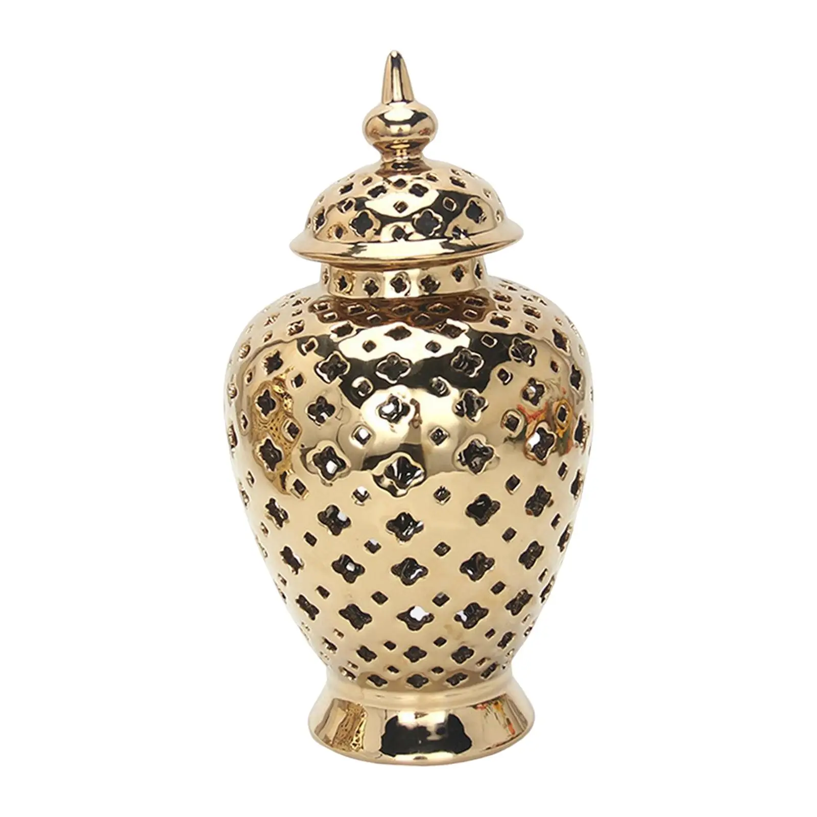 

Traditional Pierced Ginger Jar with Lid, Carved Lattice Decorative Temple Jar, Ceramic Vases for Home Decor, 14.5"