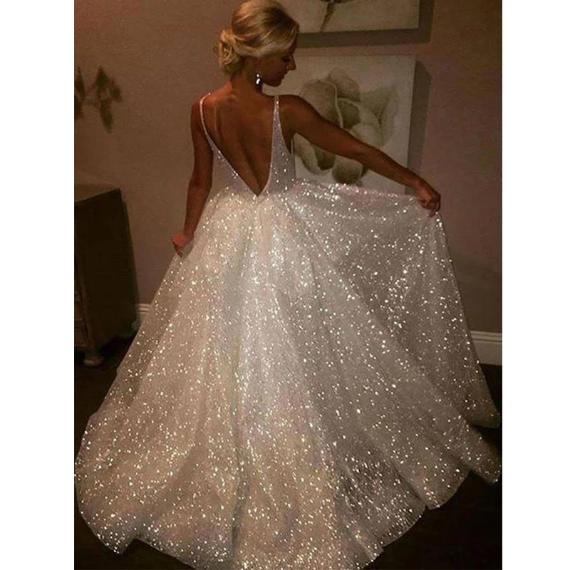 Glitzerndes Tüll-Hochzeitskleid für Damen mit V-Ausschnitt, maßgeschneiderte Brautkleider, Brautkleid, Partykleider, schlichtes Hochzeitskleid
