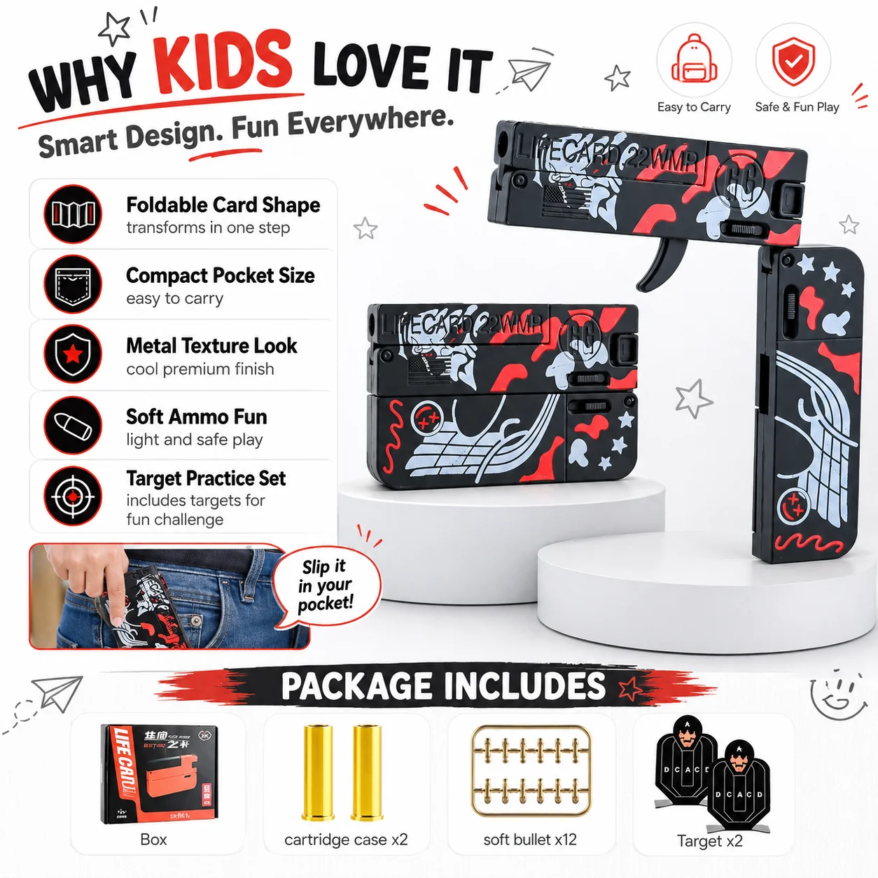 Complete Foldable Toy Guns Kit:  2 Shell Casings, 12 Soft Bullets and Target Cards, Compact Design, Perfect for Gifting.