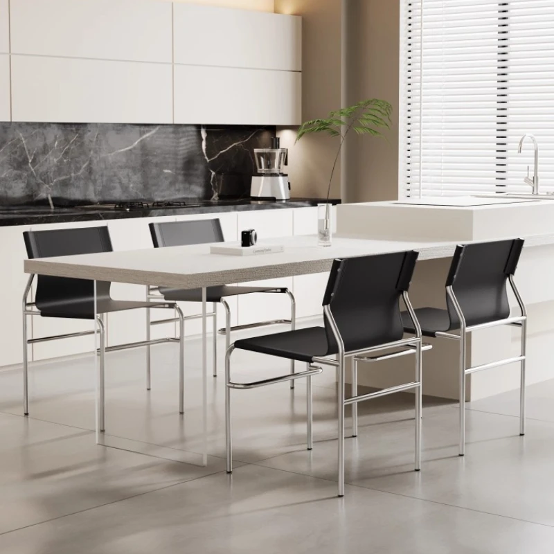 Minimalist Saddle Leather Dining Chair Mid-Century Modern Kitchen Furniture Stainless Steel Backrest Chair Home Living Room Seat view 4