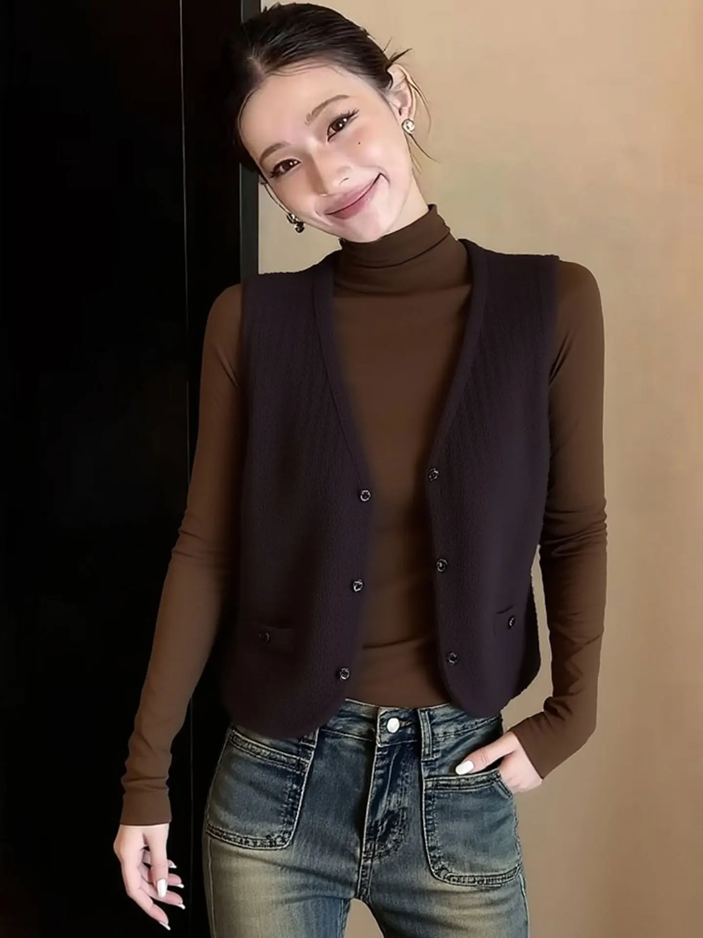 

Жилет женский Ele Vintage с V-образным вырезом на одной пуговице, универсальный, для повседневной носки, весна 2026, теплый, стандартный крой, цветной