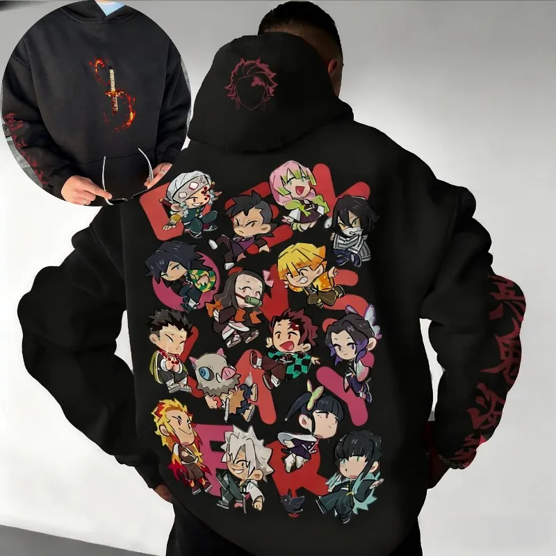 Outono inverno hoodies masculinos anime japonês demon slayer diversão gráficos roupas oversized 100% algodão topos y2k pulôver causalwear