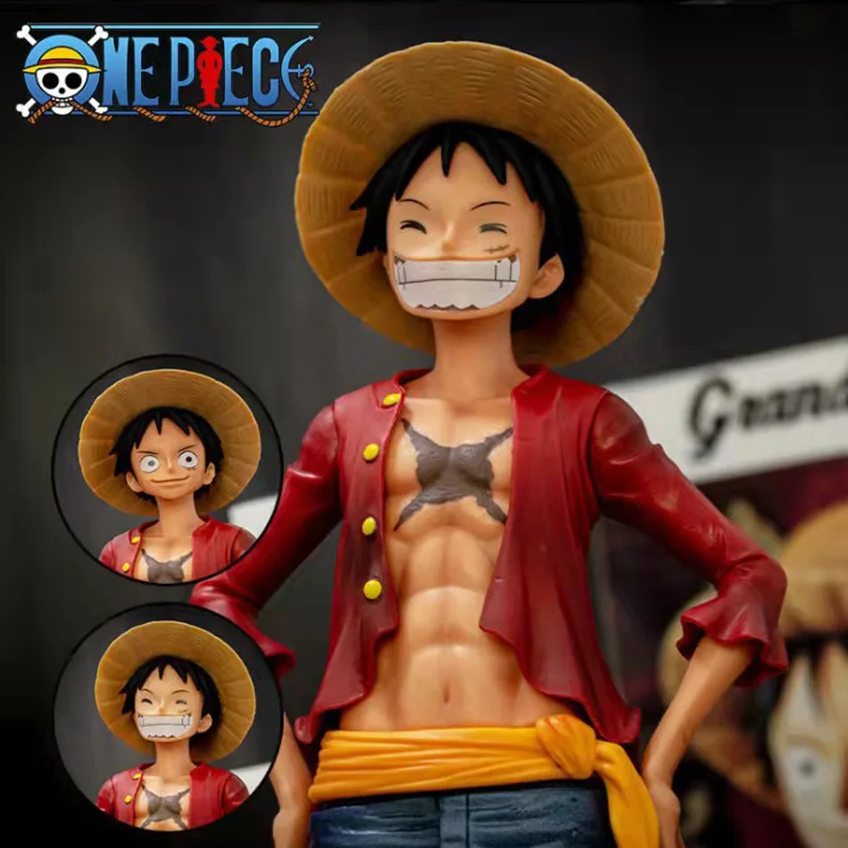 NOWY 28cm One Piece Anime rysunek pewny Smiley Luffy trzy formy twarz zmieniająca się lalka figurka Model zabawki zestawy