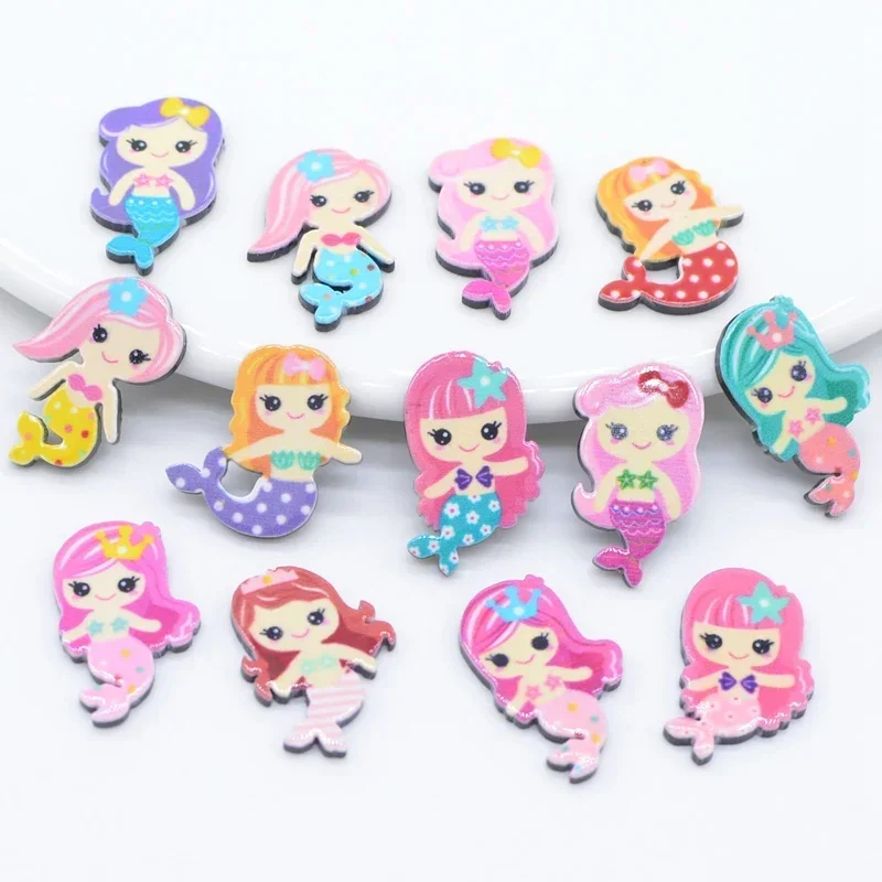 50Pcs Mermaid Flat Back Planar Resin Princess Cartoon DIY Acrylic Ear Studs Accessories for DIY Mobile Phone Case Headband