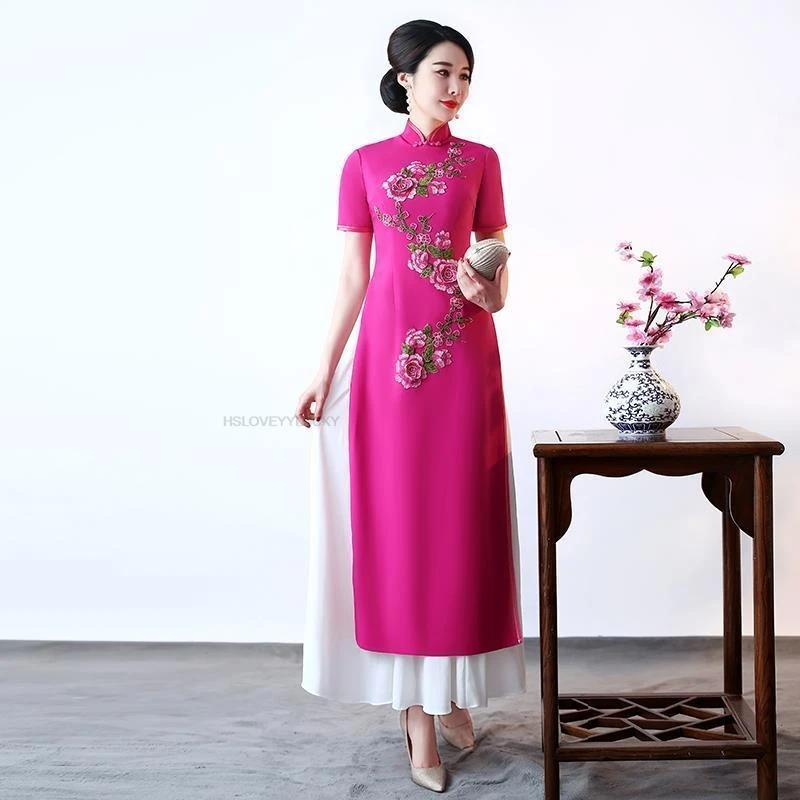 

Vietnam Aodai Vintage Improved Cheongsam Graceful Mandarin Collar Embroidery Qipao New Fairy Patchwork Daily Qipao Dress