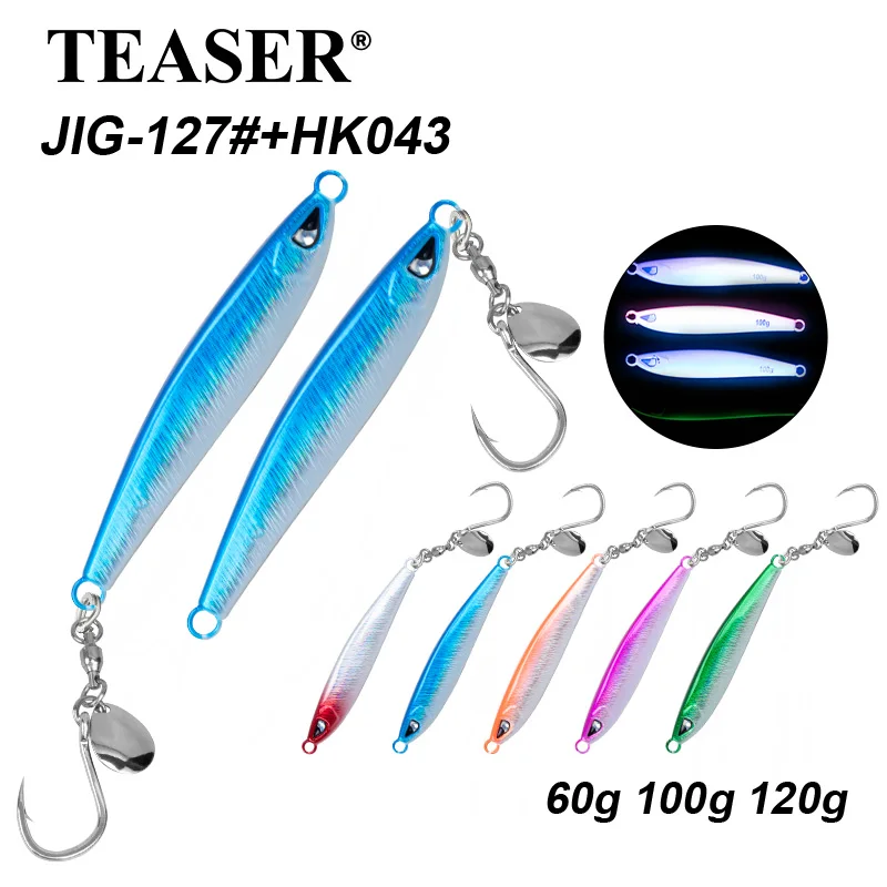 

TEASER J127 luminous fishing jig lure 60g 80g 100g 120g sinking jigbait artificial hard metal jigging fishing bait with hook