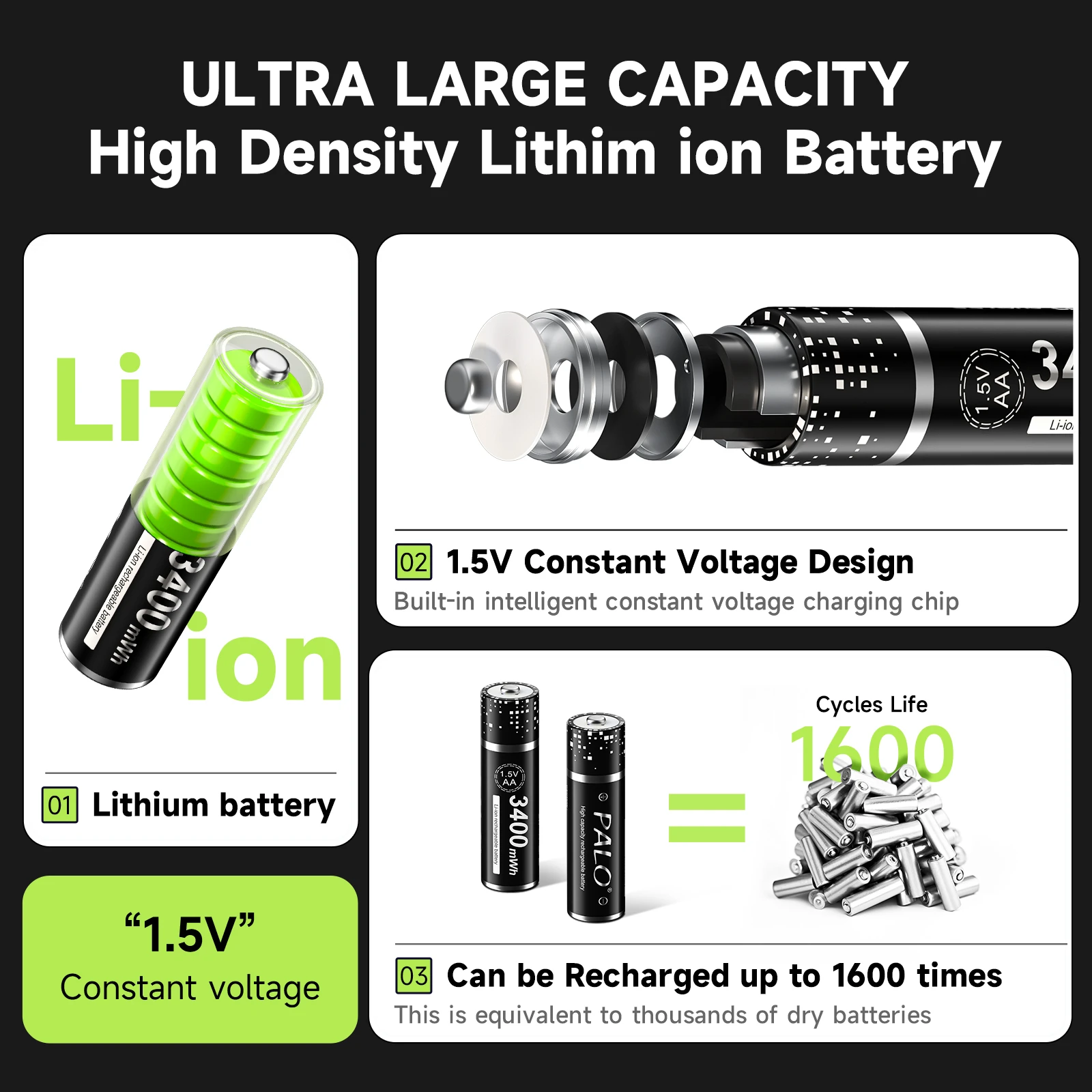 PALO 1,5 V Li-ion AA baterías recargables 3400mWh batería AA de litio con 8 ranuras LED cargador inteligente para juguete eléctrico 1,5 V 2A