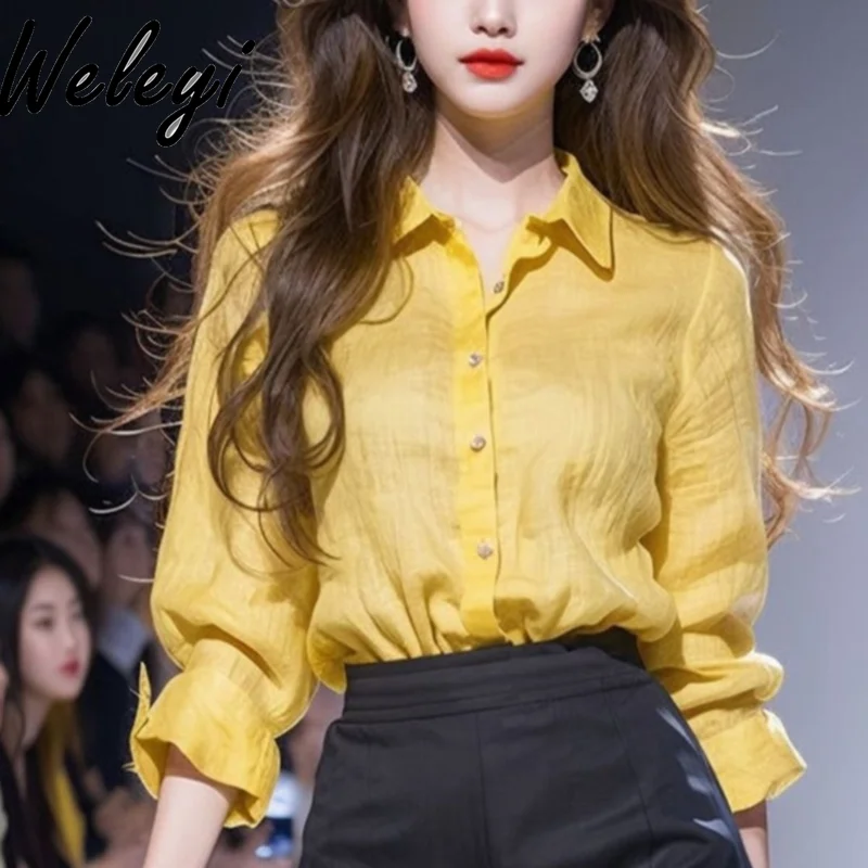 

Fashion Yellow Cotton and Linen Shirt 2024 New Women's Summer Elegant Slimming Long Sleeve Tops Chic Turn Down Collar Blouses