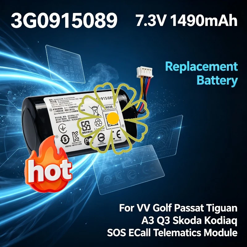 NEW 7.3V 1490mAh Replacement Backup Battery 3G0915089 For VW Golf Passat Tiguan  A3 Q3 Skoda Kodiaq SOS ECall Telematics Module