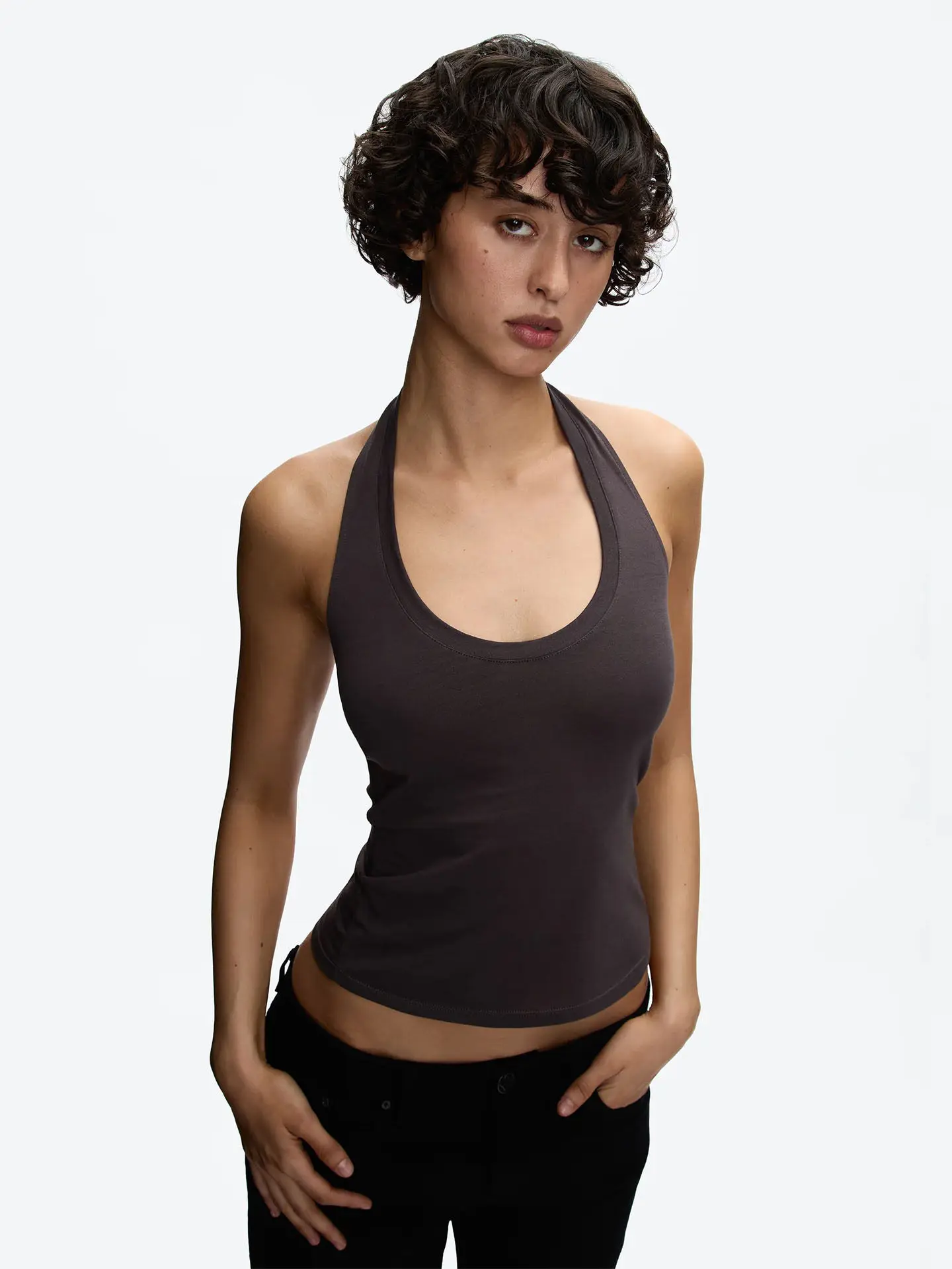 Tank Celadon Green & Blue Form-fitting Collarless Vest, Minimalist Solid Color Short-Sleeved Top, Lightweight and Smooth Fabric