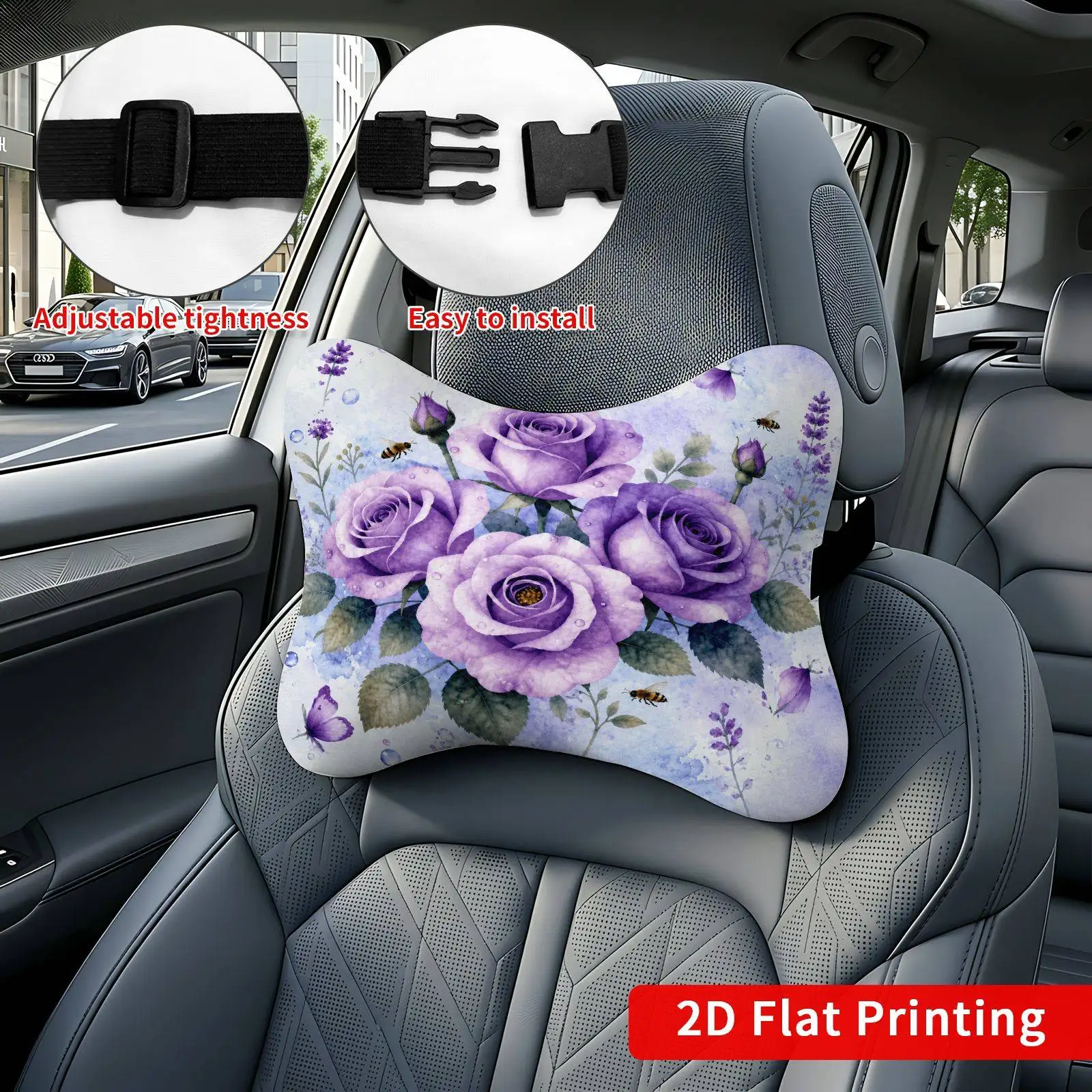 2pcs Purple Watercolor Roses Car Seat Headrest, Neck Support Cushion, Suitable For All Seasons Of Car Additions, Rose Theme, Tra