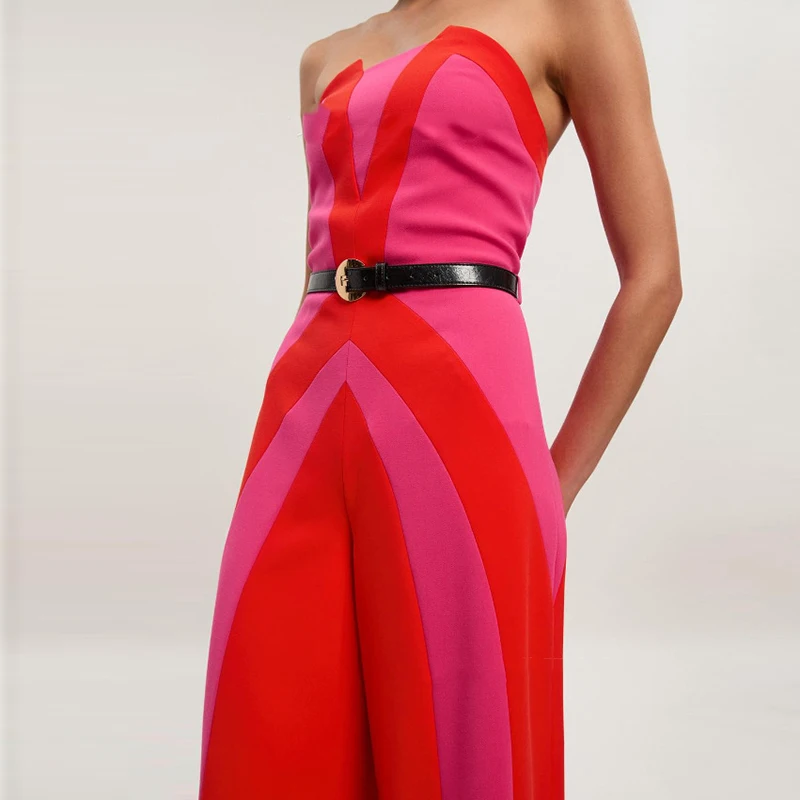 Elegante Off Schulter Frauen Playsuits Mode Farbe Blockiert Ärmel Breite Bein Overalls Elegante Dame Hohe Taille Pendeln Strampler