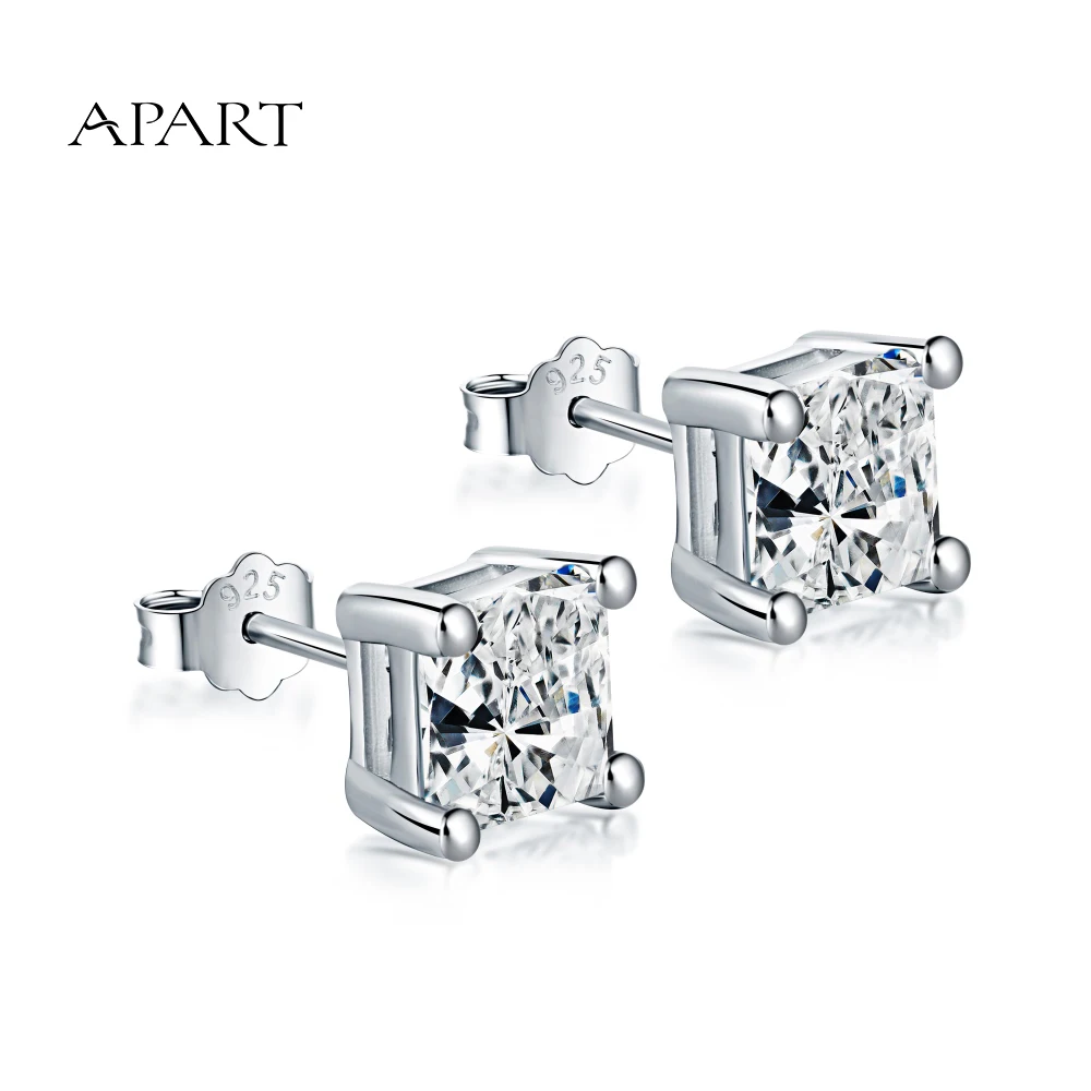 APART 1.5/2/5ct Luxury Hypoallergenic Non Tarnish 925 Sterling Silver Rhodium Plated Square 5A Cubic Zirconia Stud Earrings