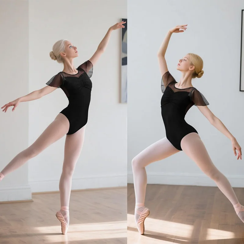 المرأة الكلاسيكية كشكش كم الباليه ملابس رقص الجمباز للكبار الجمباز الرقص القمم مع شبكة الظهر وبطانة ناعمة Dancewear