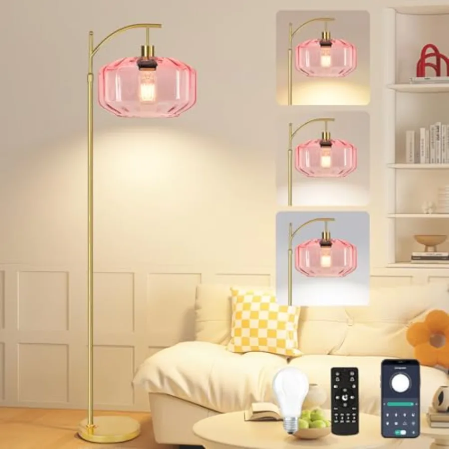 

Gold Floor Lamps for Living Room Bedroom, Glass Floor Lamp with Remote Control and Pink Lampshade, Arc Dimmable Floor Lamp Mid