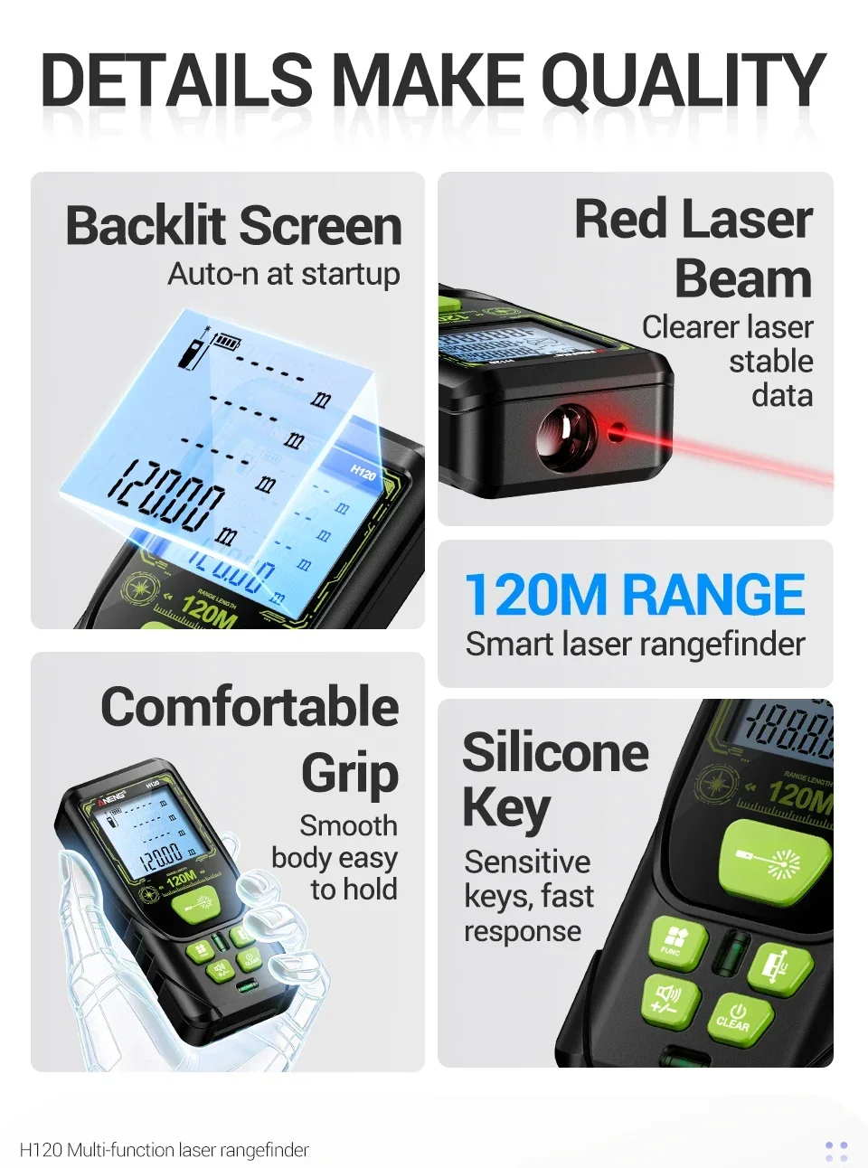 ANENG H120 Digitaler Laser-Entfernungsmesser Hohe Präzision ±3mm Tragbarer Mini-Laser-Messgerät 0,05m~120m Fläche/Volumen Multifunktions-Tester – Detail 9