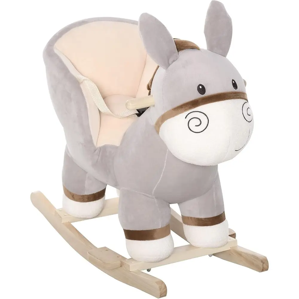 

Plush Ride-On Rocking Donkey with Sound, Wooden Seat, Safety Belt, Toddler Rocker Toy for Ages 18-36 Months, Gray