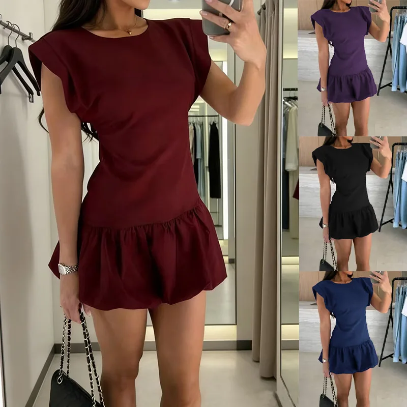 

Dress Dresses Women Spring Summer Solid Color Short Sleeve Ruffle Hem