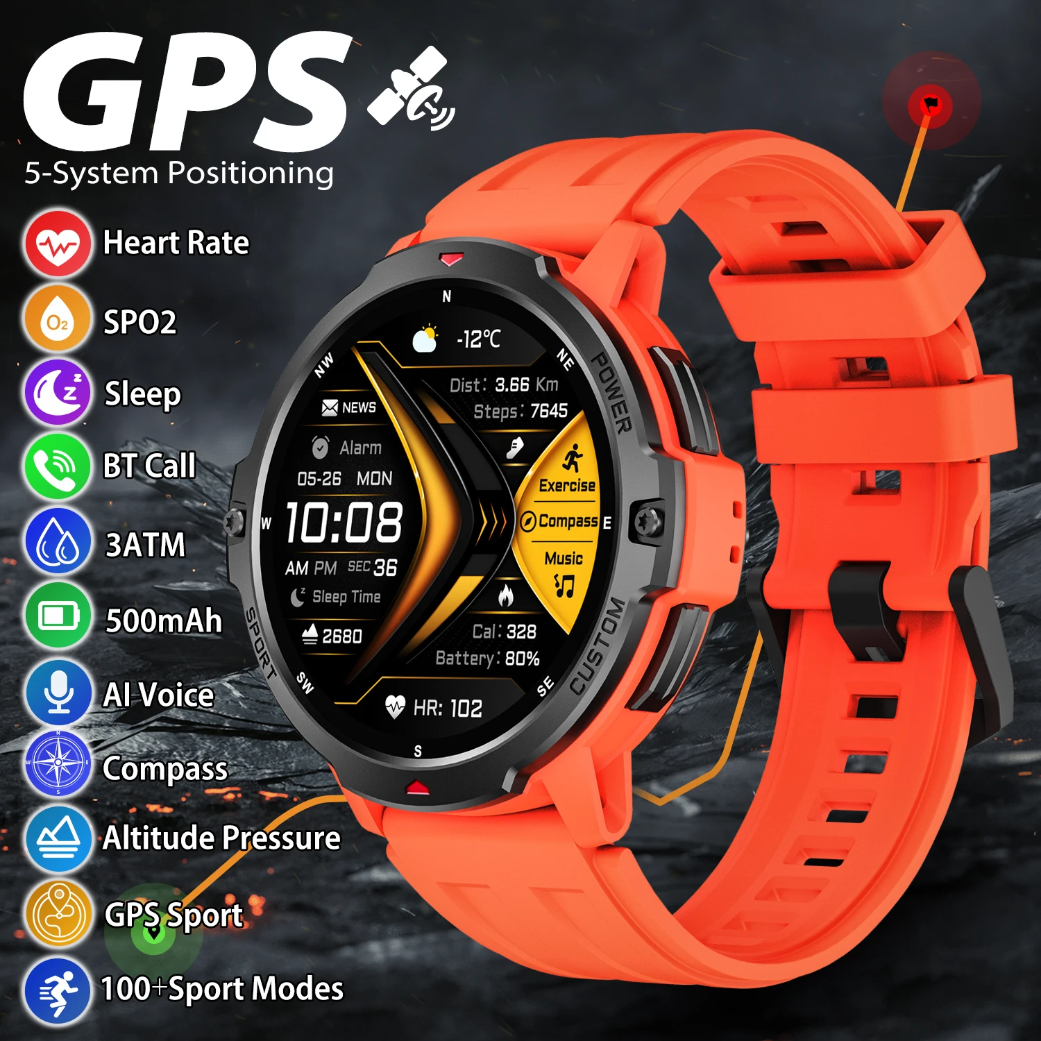 GPS Smart Watch Men Calling Compass Altimeter Barometric 500mAh Battery Heart Rate Monitor Waterproof Outdoor Sports Smartwatch