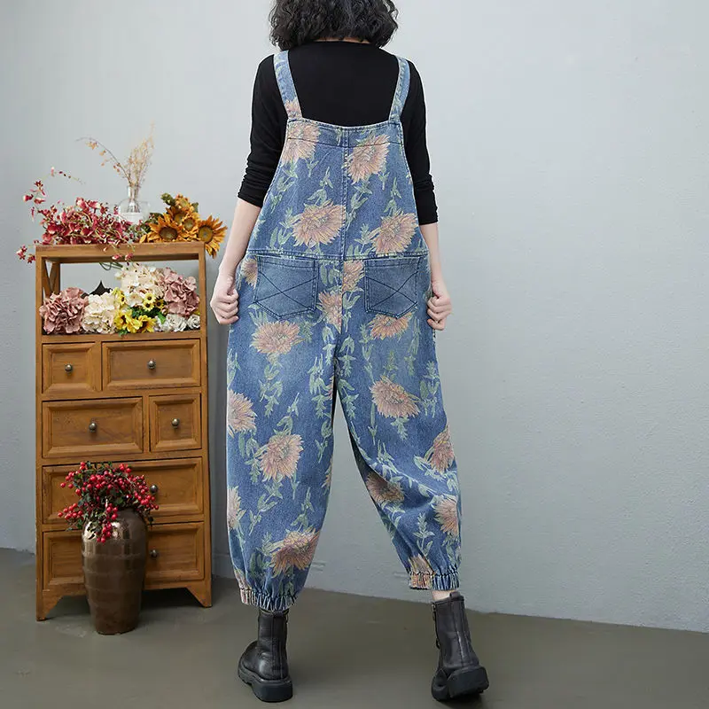 Spring Full Letters Printed Jeans Jumpsuits Women Big Pockets Loose Vintage Denim Jumpsuits Rompers Womens Retro Overalls