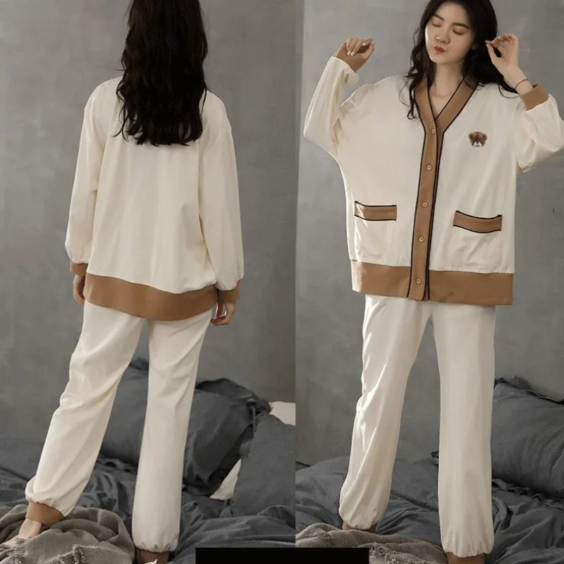 2023 Autumn New Long Sleeved Pajamas Women's V-neck Homewear Simple Loose Sleepwear Spring Autumn Loungewear Two Piece Set
