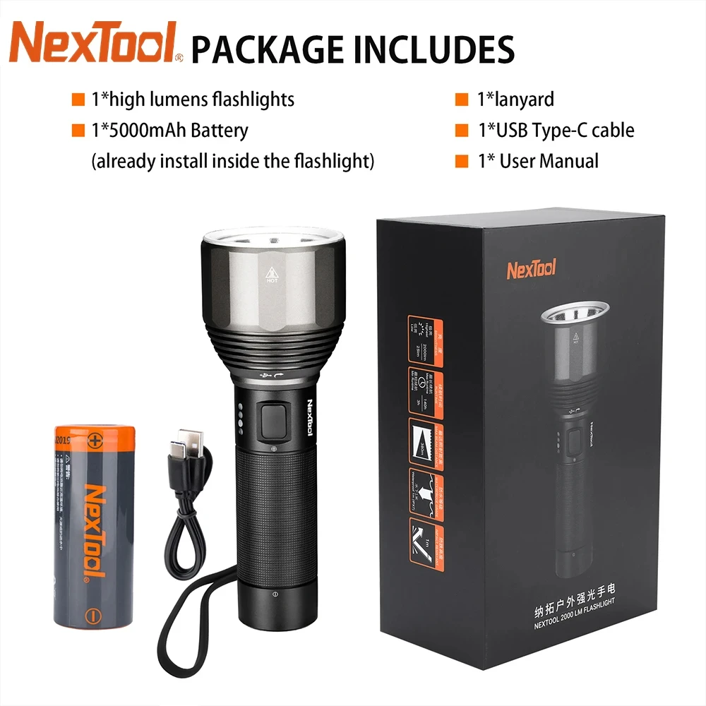 Nextool-充電式LED懐中電灯,5000mah,2000lm, 380m, 5モード,ipx7,防水,type-c,キャンプ,屋外検索トーチ