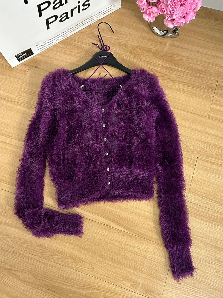 French Sweet Women Purple Sweater O-Neck Long Sleeve Fashion Lace Up Jumper Baggy Single Breasted Plush Pullover Autumn Winter