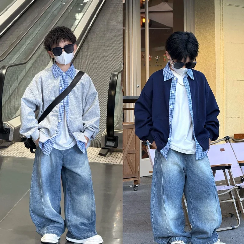 Spring Fashionable Boys' Outfit Korean Style Denim Jacket And Pants Set Breathable Single Button Closure Check Pattern
