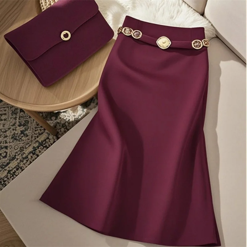 

Fashion Metal Buttons Chain Slim Temperament Bag Hip Midi Party Skirts 402P French Elegant Office Lady High Waist A Line Skirt