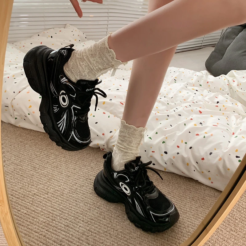 Ladies Sneakers Women Mesh Solid Color Female Sneakers Patchwork Thick Sole Lace-up 2024 Spring Female Leisure Shoes Handmade