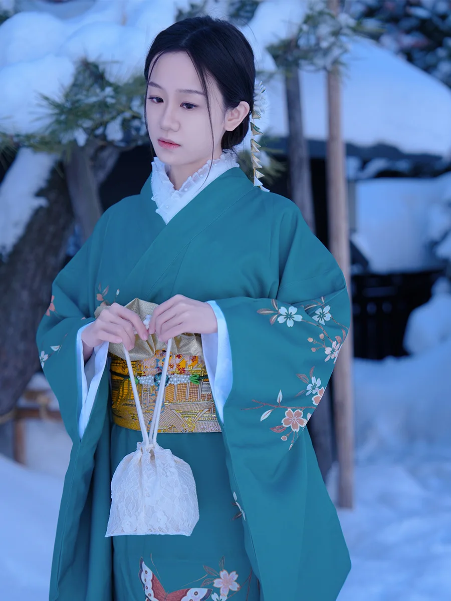 

Women Modernized Japanese Kimono Green Color Floral Prints Formal Yukata with Obi Cosplay Costume Travel Photo Dress