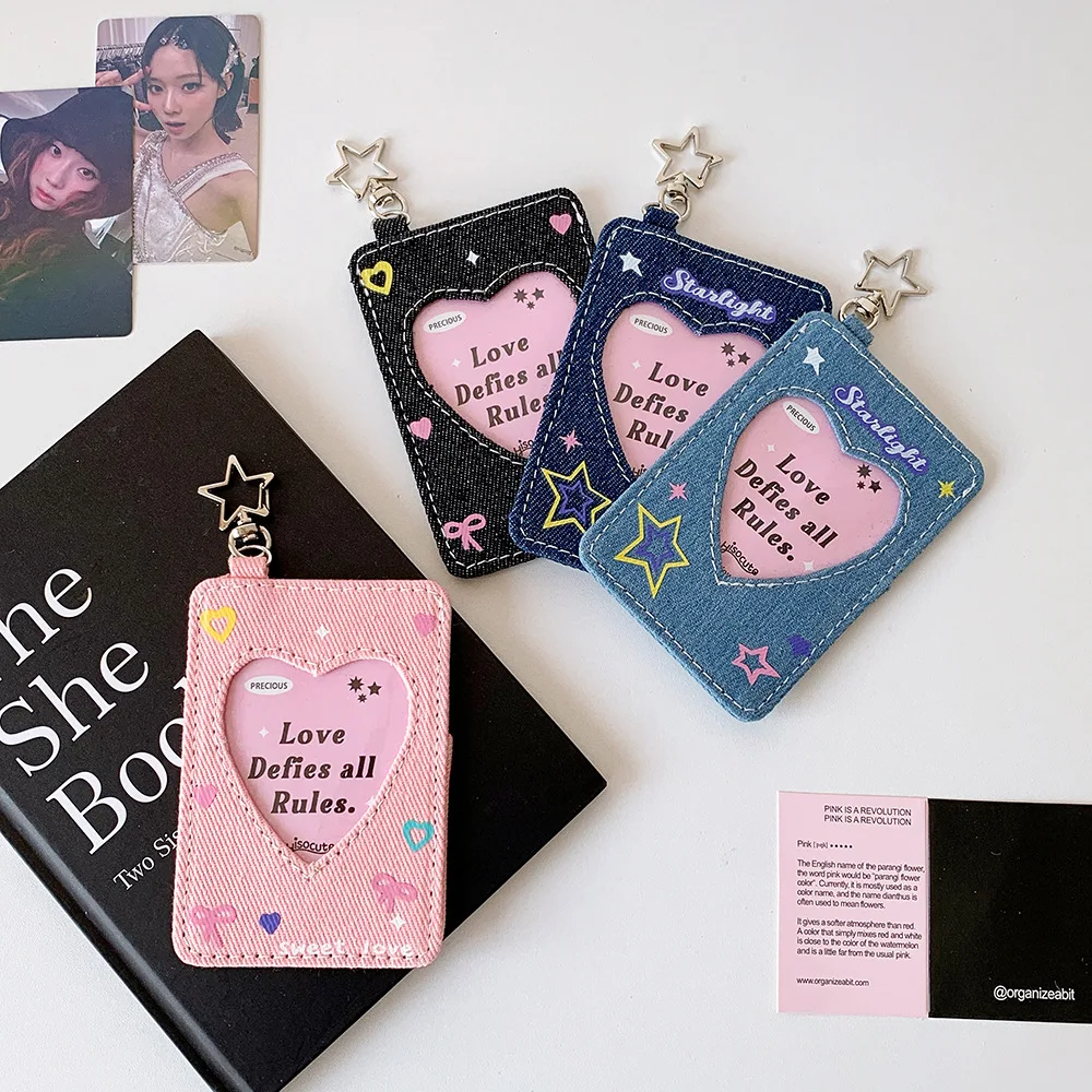 Cute Denim Heart Cutout 3-Inch Photocard Holder, Hanging Card Charm, Campus ID & Metro Card Sleeve for Students & Girls